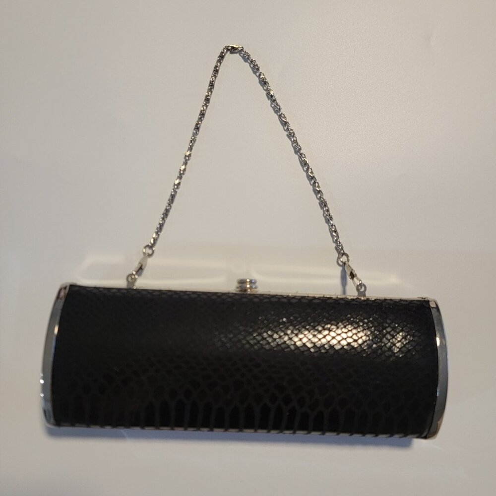 EXPRESSIONS NYC Bag Black Faux Snakeskin Barrel Silver Chain Evening Bag